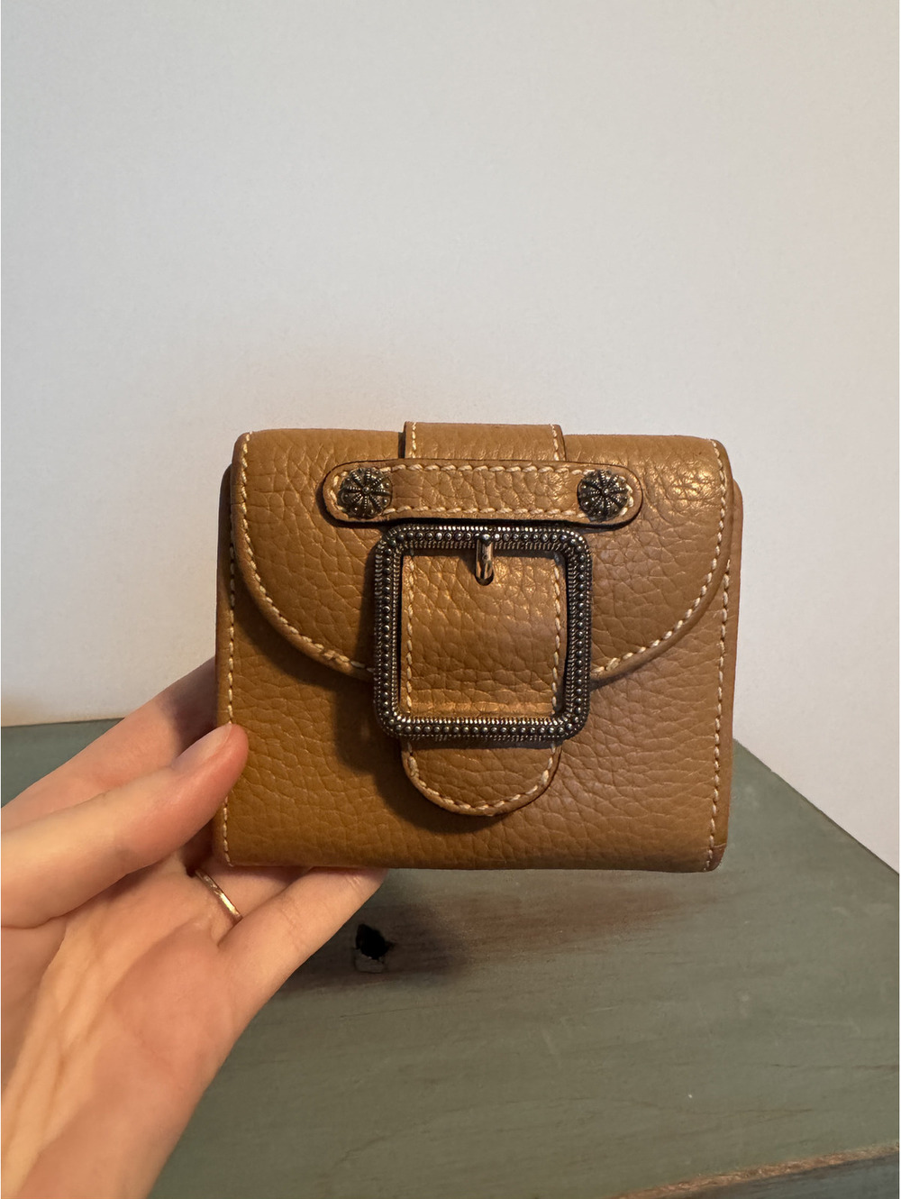 Y2K Brighton Vintage Tan Pebbled Leather Bifold Wallet Western Silver Buckle